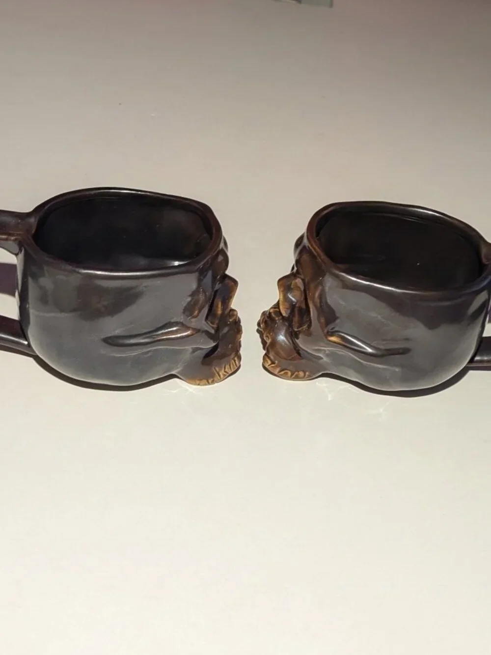William Sonoma Halloween Ceramic Skull Coffee Mug Dark Brown Goth Set of 2 NEW